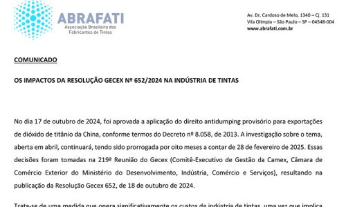 Comunicado: Os impactos da Resolução Gecex nº 652/2024 na indústria de tintas